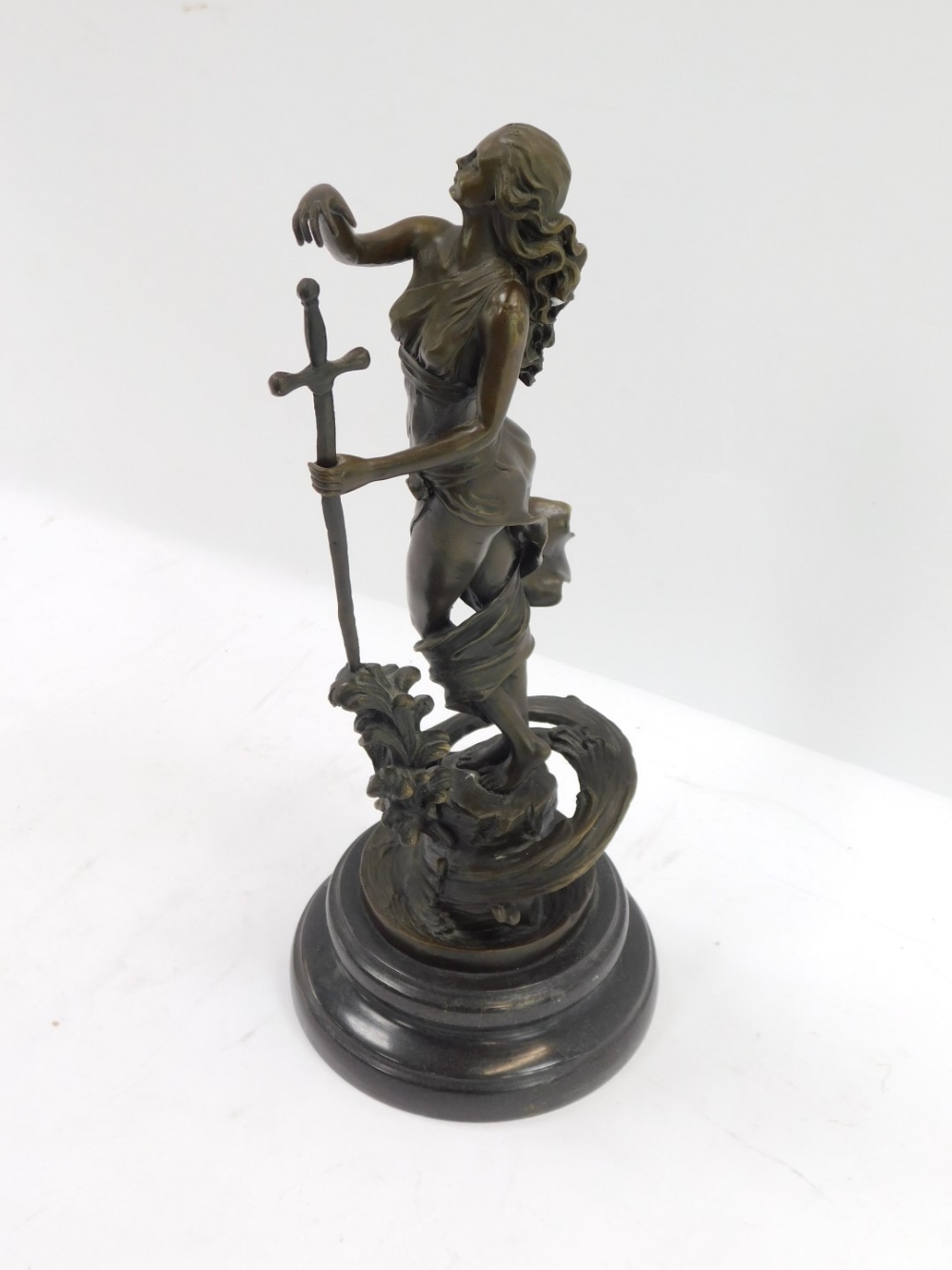 After Milo. A cast bronze female figure, with sword, on plinth in water, on a stepped black marble b - Image 3 of 3