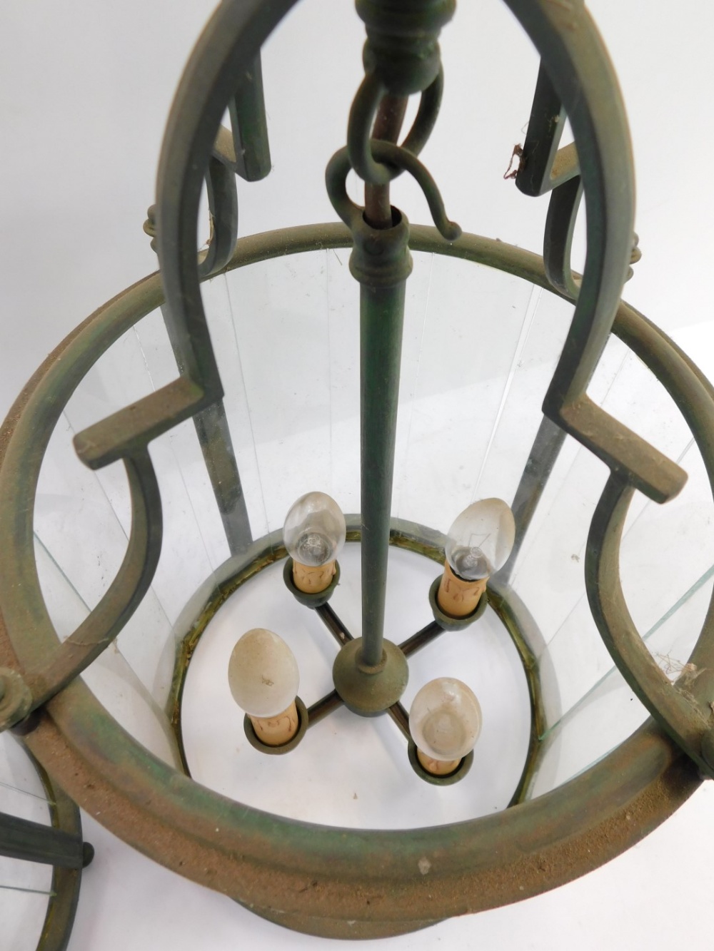 A pair of brass hanging lanterns, each cylinder form, with four fittings and various glass panels, e - Image 5 of 5