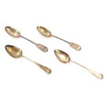 Four silver serving spoons, comprising two pairs, London Victorian, each fiddle pattern, two bearing