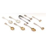 A small group of silver cutlery, comprising three Victorian and later silver toddy spoons, two beari