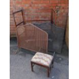 An Edwardian clothes airer, two iron fire guards, and a mahogany stool. (4)