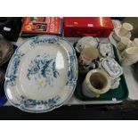 Three large meat plates, Victorian blue and white tureens and covers, Oriental tower garden pattern,