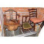 A group of various antique chairs, together with a square mahogany stool frame. (4, AF)