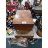 A parquetry and box strung writing box, and a small suitcase. (2)