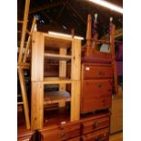 A pair of pine tables, pine filing chest and a chair. (4)
