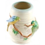 A 1950's Clarice Cliff Newport pottery jug, raised with Budgerigars and branches, printed marks bene