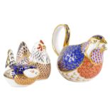 A Royal Crown Derby paperweight ornament, hen, silver stopper, 8cm high, bird (second) and another b