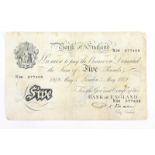 A Bank of England white five pound note, Beale, London 5th May 1949, N28 077408.