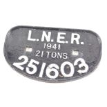 An LNER cast iron railway wagon sign, 21 Tonnes, 251603, in black and white, 30cm, wide.