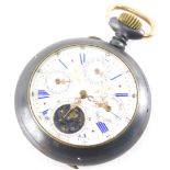 A 19thC French pocket watch and calendar, in a gun metal case, the enamel dial with Roman Numerals,