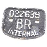 A BR cast iron railway wagon sign, Internal 022639, in black and white, 23cm wide.