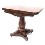 A William IV rosewood card table, the rectangular top with rounded corners above a leaf and scroll c