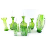 Various Victorian Mary Gregory style green glassware, to include vase with floral handle, 25cm high,