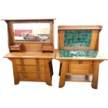 A late 19th/early 20thC Arts and Crafts oak dressing table and matching washstand, the dressing tabl