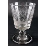 A late 19thC/early 19thC Masonic glass rummer, etched with devices, flowers and scrolls, bell shaped