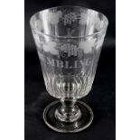 A large late 18thC/early 19thC Masonic glass rummer, engraved NO GRUMBLING with a border of entwine