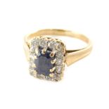 A 9ct gold sapphire and cz cluster ring, the rectangular cluster with central rectangular cut sapphi