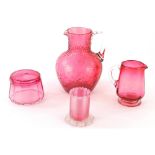 Various cranberry and other glassware, to include jug with plain handle, 9½cm high, crackle finish j