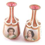 A pair of 19thC Vienna ruby and milk glass vases, each decorated with panels of children and flowers