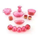 Various cranberry and other glassware, sugar bowl, 12cm diameter, flared basket, shaped circular vas