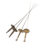 Two pairs of fencing foils, each with slender blades and turned handles, with shaped pommels, 90cm l