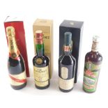 Various alcohol, Glenlivet 12 Year Old Single Malt Whisky, Lagavulin 16 Year Old, Cordon Rouge Brut,