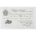 A Bank of England white five pound note, Peppiatt, London November 29th 1944, E76089750.