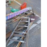 Various tools and effects, wooden step ladder, petrol cans, various other hand tools, rake. (a quant
