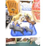 A pair of ceramic pug dogs, other models of pugs, Royal Doulton horse, etc.