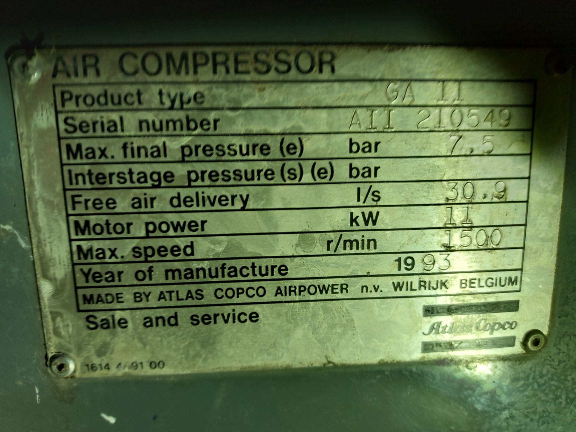 An Atlas Copco GA11 compressor and receiver, 3 phase. - Image 2 of 3