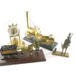 Various brassware, a model of Stephenson's Rocket, on wooden base with title plaque, 33cm wide, a ho