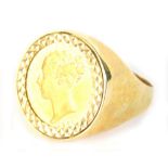 A Victorian half gold sovereign, 1870, shield back, in ring setting, marked .375, size U, 11g all in