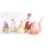 A collection of five small Royal Doulton figurines, Wisdom, Catherine, Rose, Penny and Dinky Do.