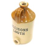 A 20thC two coloured stoneware flagon, with front tap marked Allisons Louth, with strap handle, mark