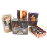 Various alcohol, boxed Glayva liqueur, Crown Royale Hennessy cognac, boxed litre bottle, Canadian Cl