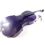 A Cecilio cello, in purple with outer case bow and stand, 123cm long.