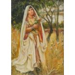 Lucker (b.1952). Figure of lady in shawl before trees, oil on board, bearing signature, 17cm x 11cm.