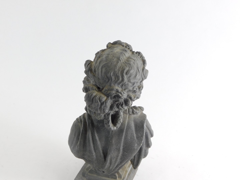 An early 20thC spelter bust of a lady, in flowing robes on a plinth base, 24cm high. - Image 2 of 2