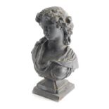 An early 20thC spelter bust of a lady, in flowing robes on a plinth base, 24cm high.
