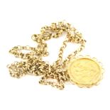 A Victorian full gold sovereign, 1889, in circular sunburst mount attached to slender link necklace