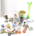 Various pottery, Radford vase, silver cruet, Wedgwood Jasperware, Wade boxed hat box figures, green