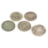 Various coins, George II half crowns 1745, various others later, Queen Victoria, etc. (5)