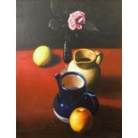 •Israel Zehar (20thC). Still life, jug, vase and fruit on a table, oil on canvas, signed, 55cm x 39c