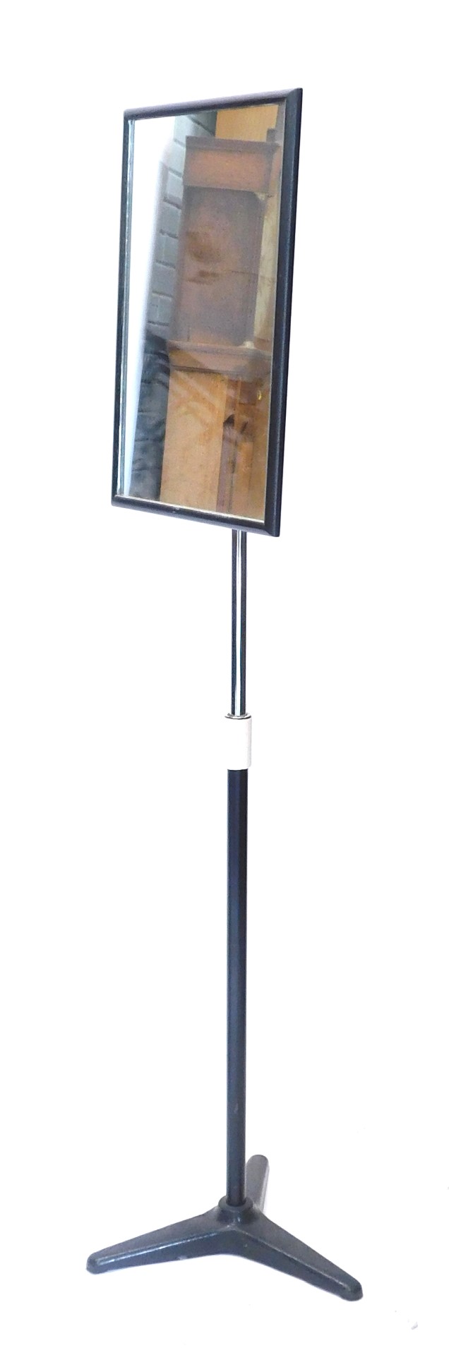 An adjustable optician mirror, with rectangular plate on a chrome and blackened metal stand, 173cm h