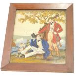 A Victorian wool work picture, depicting two gentleman and a dog beside a tree, in contemporary fram