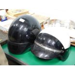 A Shoei vintage crash helmet, and another crash helmet in white and black, 23cm high. (2)