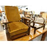 Two similar 1920/30's oak reclining armchairs, one lacking cushions, stamped The Ideal Bedchair R.F