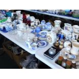 Decorative china and effects, part cruet set, Royal Commemorative ware, blue and white china, cake s