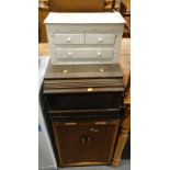 A white painted small collectors chest, sewing machine, oak cabinet, etc.