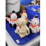 Various Price Kensington pottery decorative teapots, comprising three clowns and a similar teddy bea